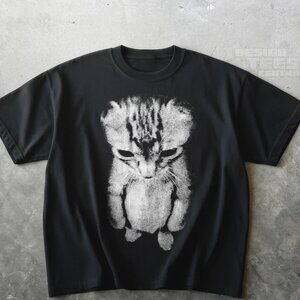 Sad Cat Graphic T-Shirt | Dark Aesthetic Cat Tee | Minimalist Black Shirt